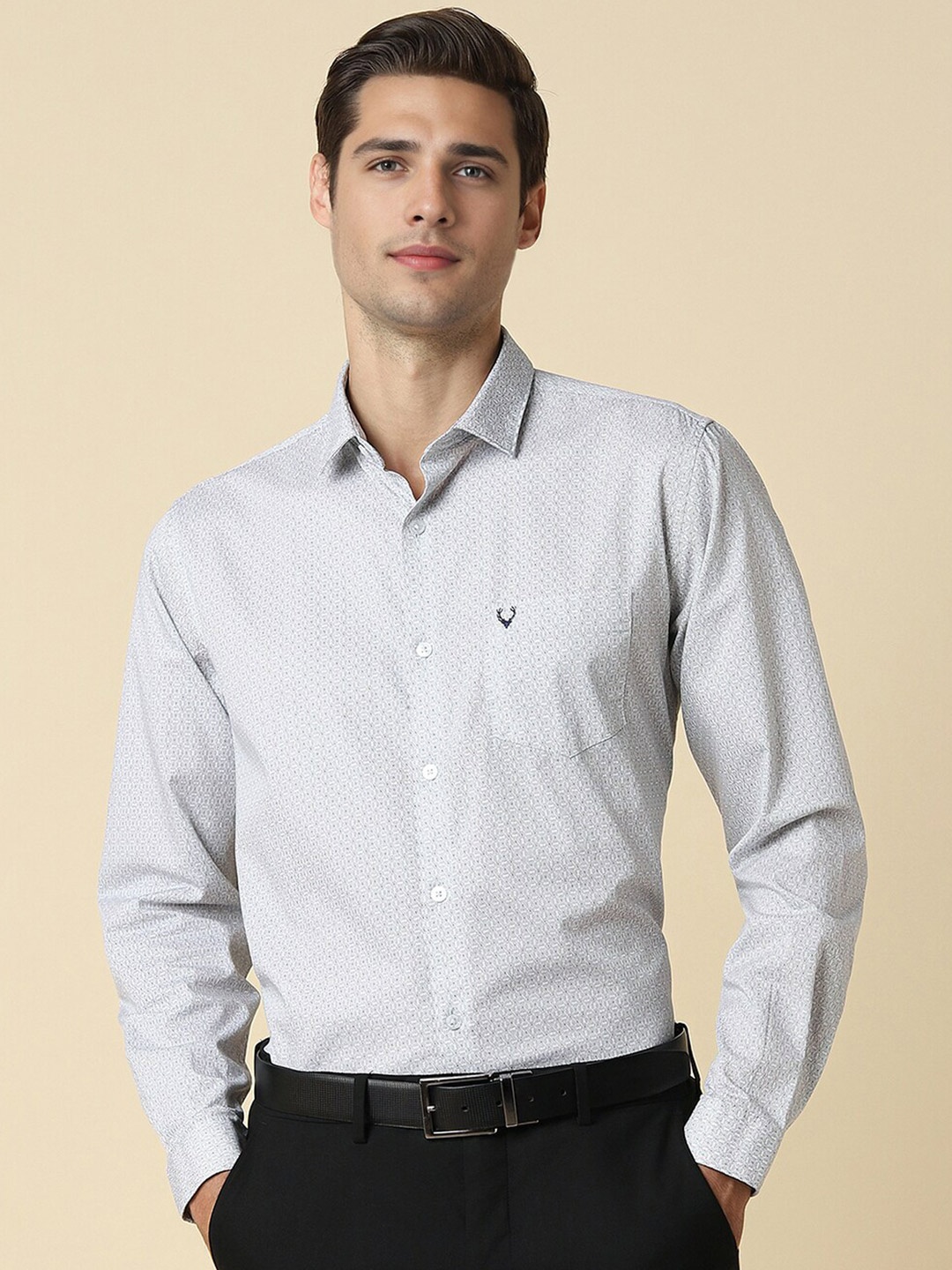 

Allen Solly Slim Fit Micro Ditsy Printed Spread Collar Pure Cotton Formal Shirt, Grey