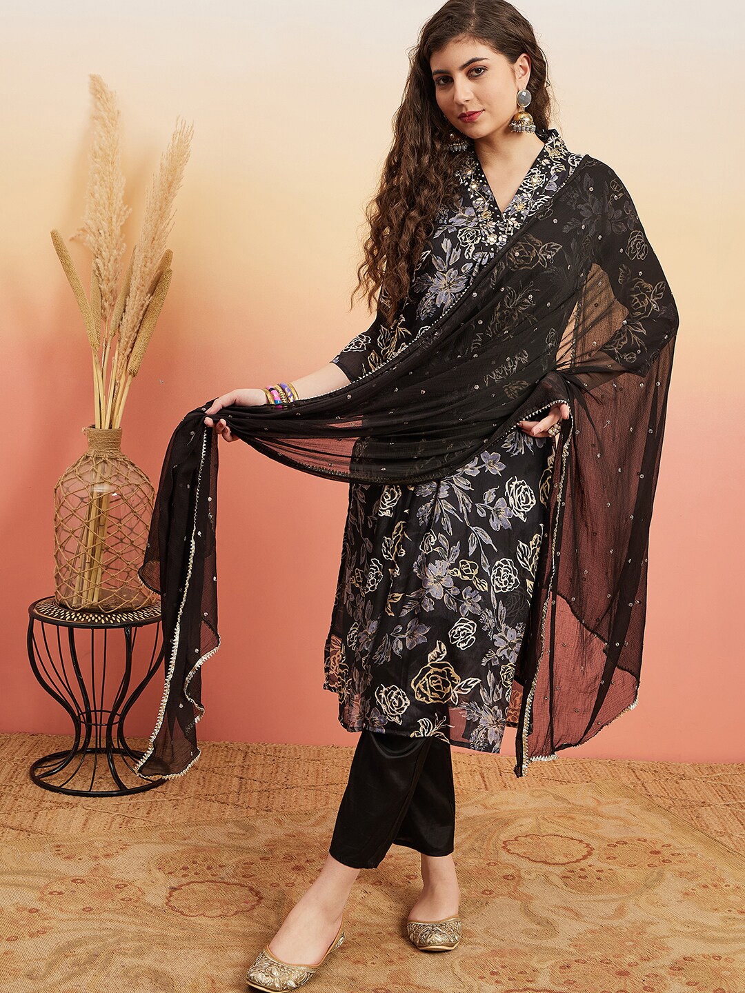 

Anouk Black Floral Printed Regular Mirror Work Kurta With Trousers & Dupatta