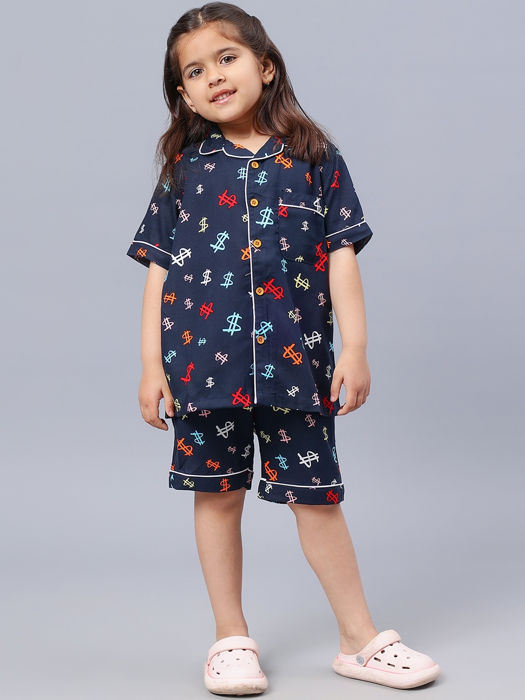 

Biglilpeople Girls Printed Cotton Night suit, Navy blue