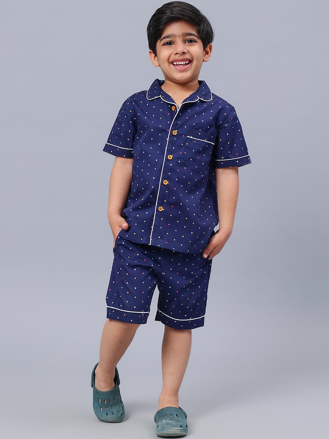 

Biglilpeople Boys Polka Dots Printed Cotton Night suit, Navy blue