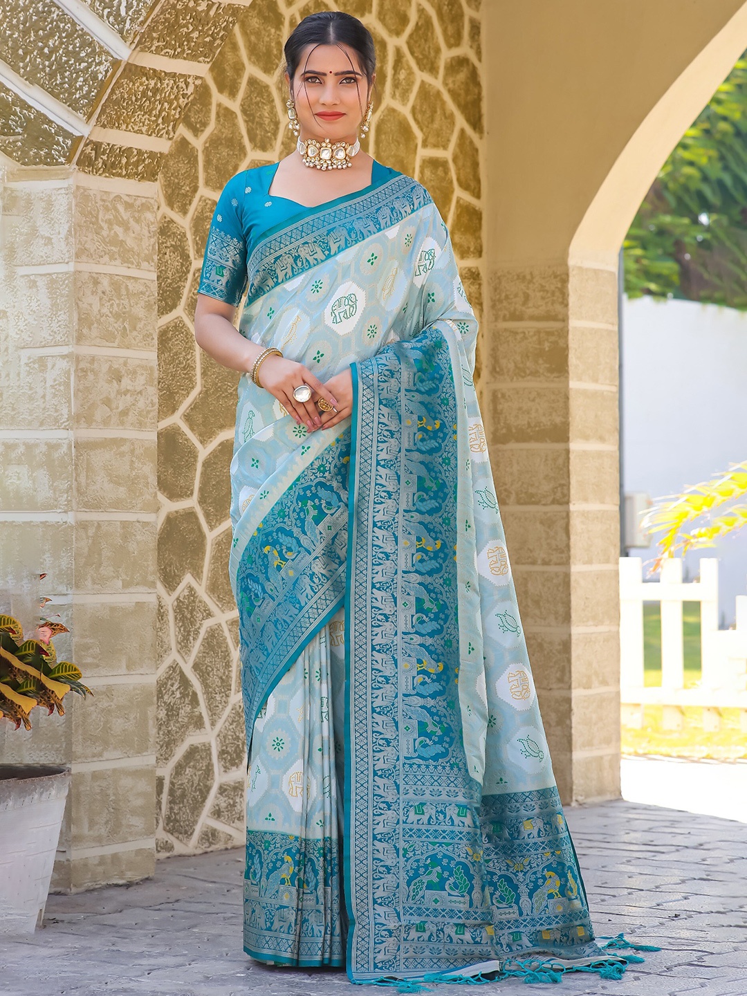 

IndianRang Ethnic Motifs Woven Design Zari Detailed Pashmina Saree, Blue