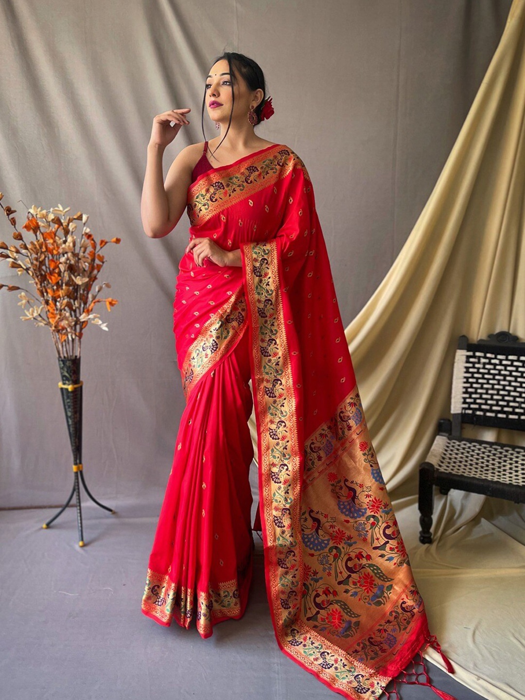 

SGF11 Woven Design Pure Zari Heavy Work Paithani Kanjeevaram Silk Saree, Red