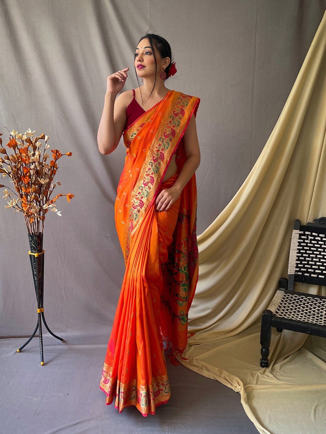 

SGF11 Woven Design Pure Zari Heavy Work Paithani Kanjeevaram Silk Saree, Orange