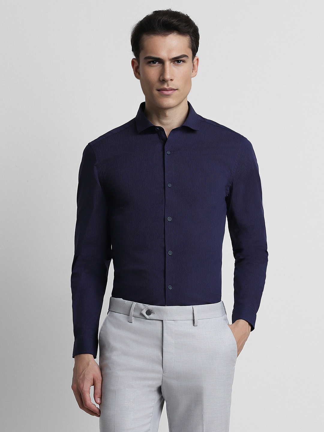 

Peter England Slim Fit Striped Spread Collar Long Sleeves Formal Shirt, Navy blue