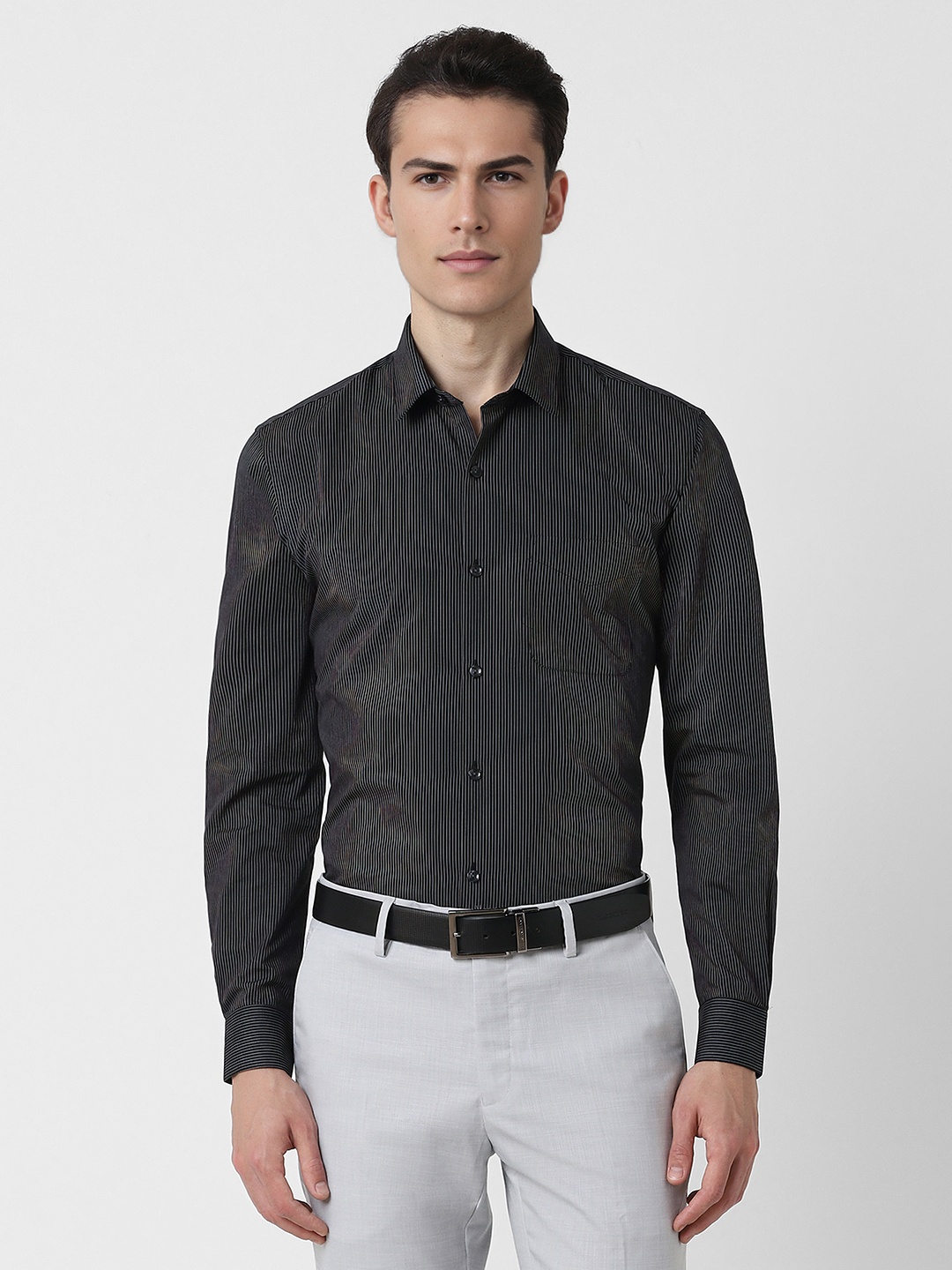 

Peter England Slim Fit Vertical Striped Spread Collar Long Sleeves Formal Shirt, Black