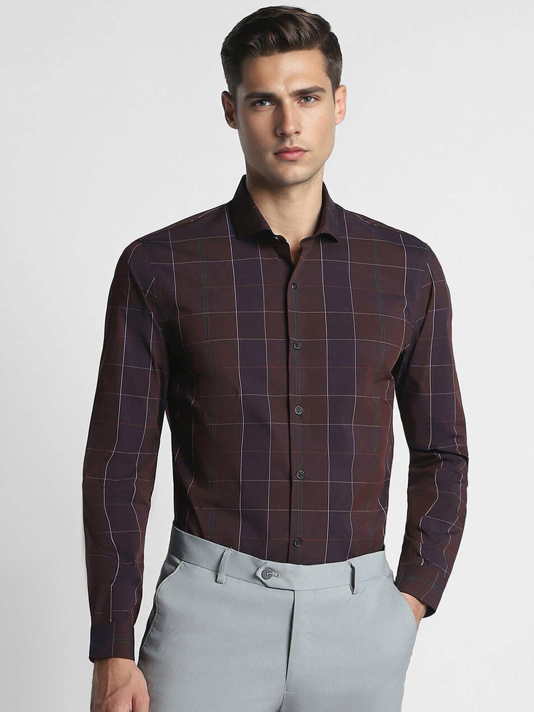 

Peter England Slim Fit Windowpane Checked Formal Shirt, Brown