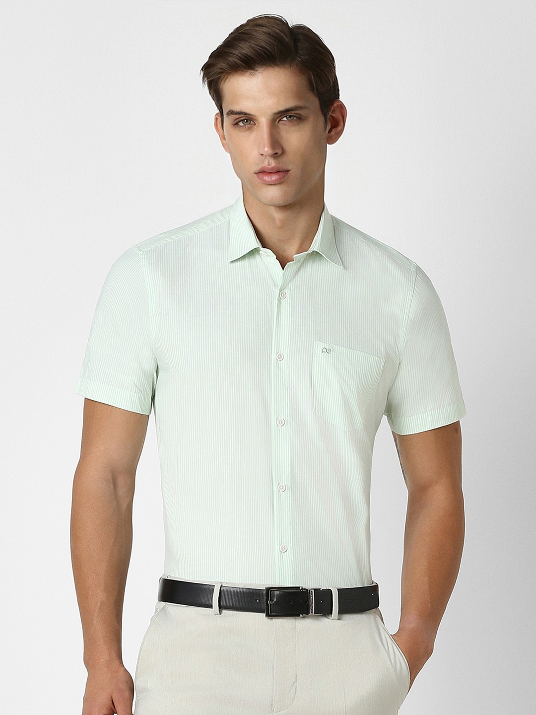 

Peter England Vertical Striped Spread Collar Formal Shirt, Green