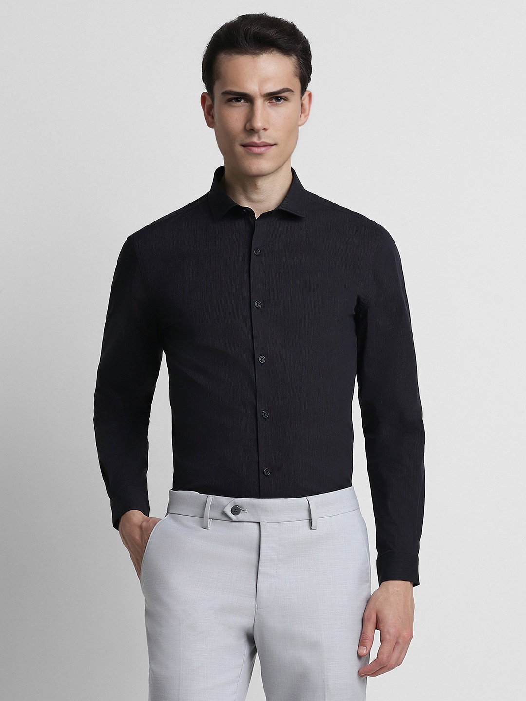

Peter England Slim Fit Striped Spread Collar Long Sleeves Formal Shirt, Black