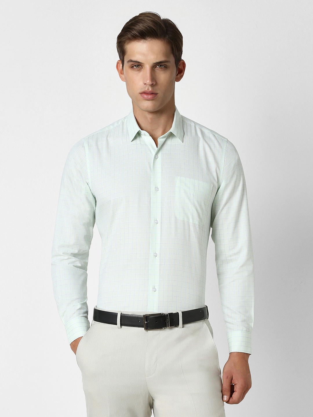 

Peter England Spread Collar Checked Formal Shirt, Green
