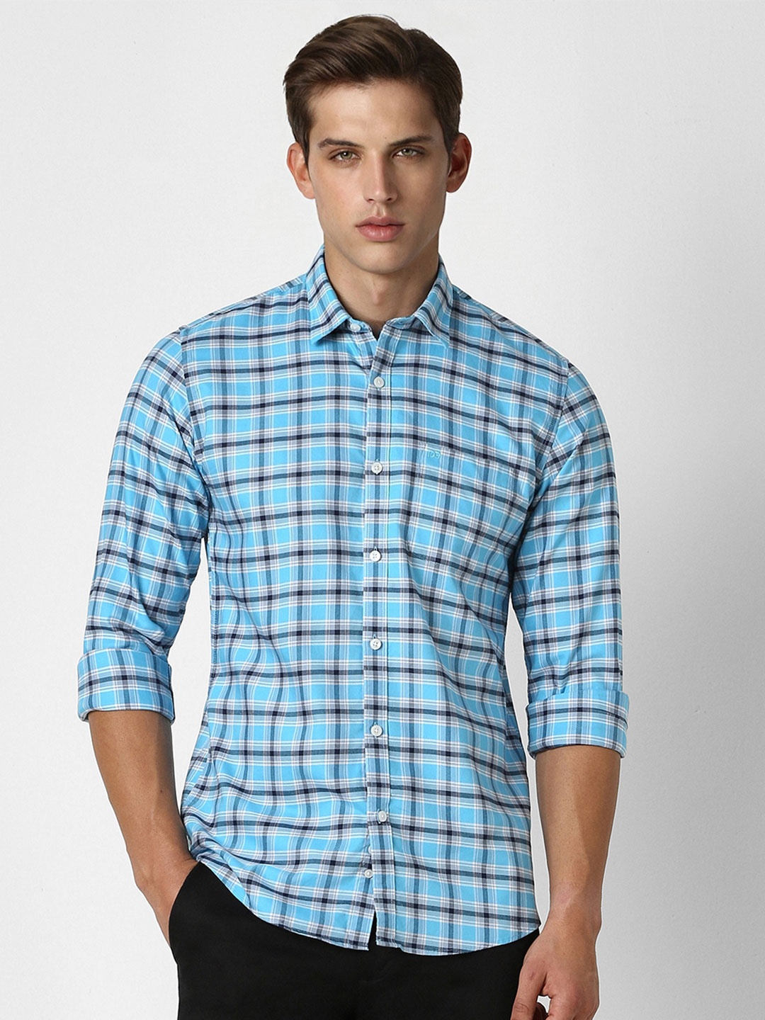 

Peter England Casuals Slim Fit Checked Cotton Casual Shirt, Blue