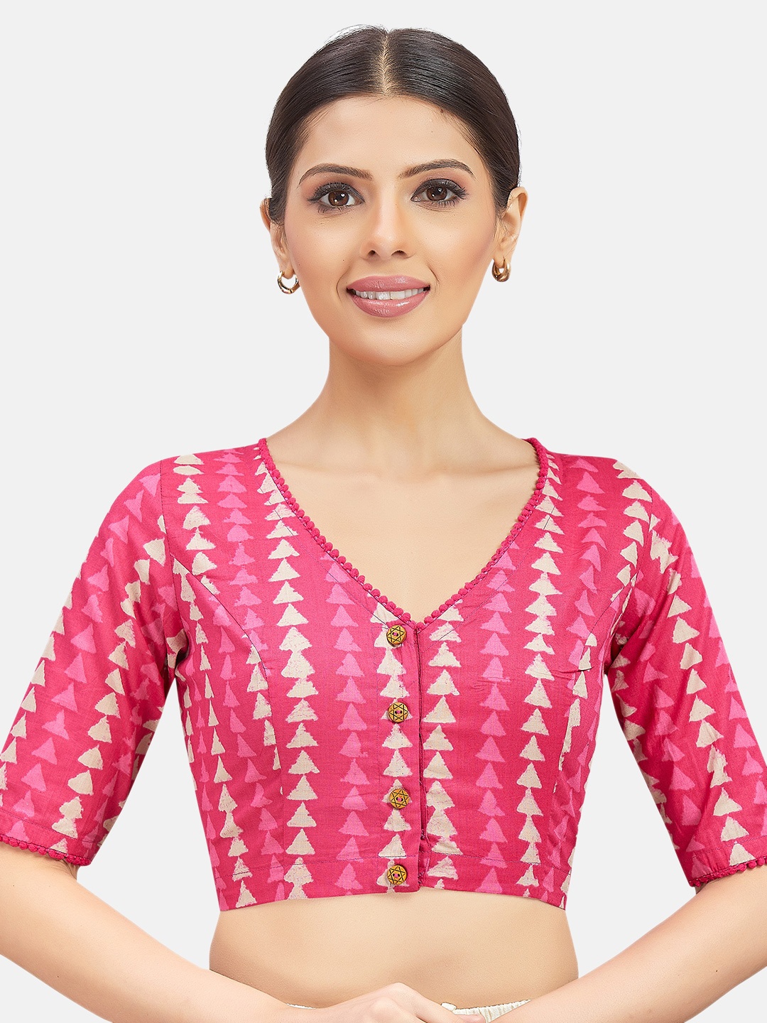 

Studio Shringaar Printed V-Neck Pure Cotton Saree Blouse, Pink