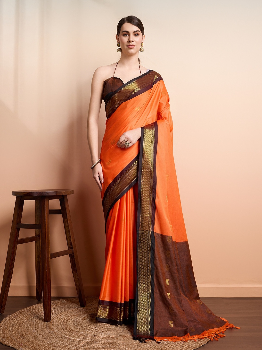 

SGF11 Ethnic Motifs Woven Design Zari Kanjeevaram Silk Saree, Orange