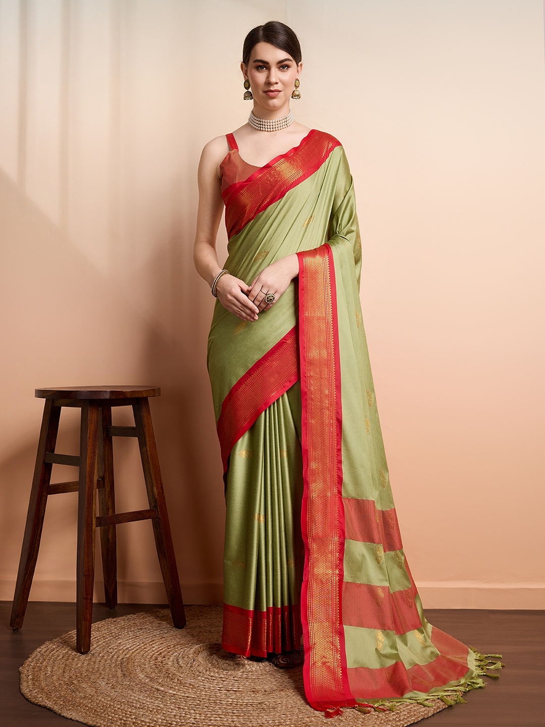 SGF11 Ethnic Motifs Woven Design Zari Kanjeevaram Silk Saree, Lime green