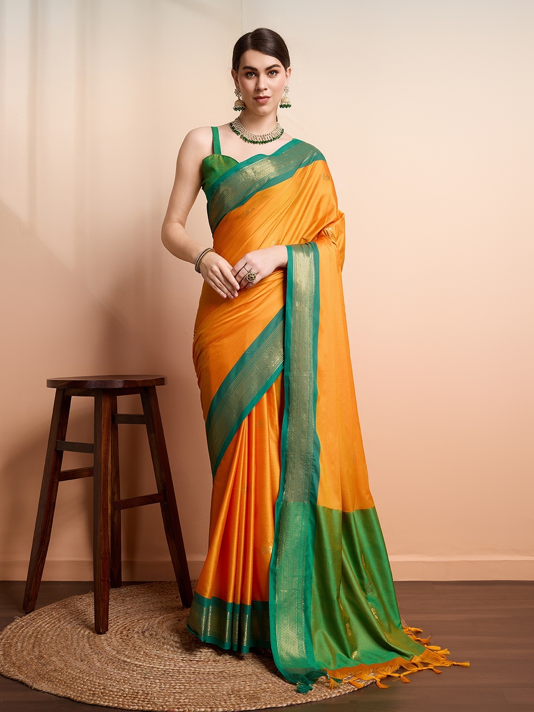 

SGF11 Ethnic Motifs Woven Design Zari Kanjeevaram Silk Saree, Yellow