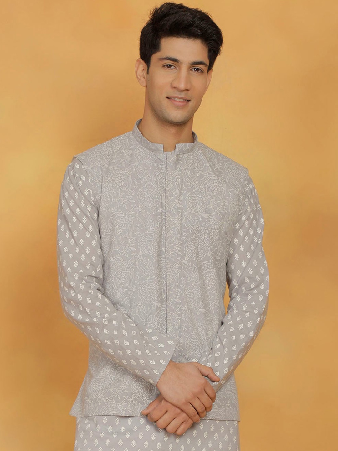 

VASTRAMAY Printed Pure Cotton Nehru Jacket, Grey