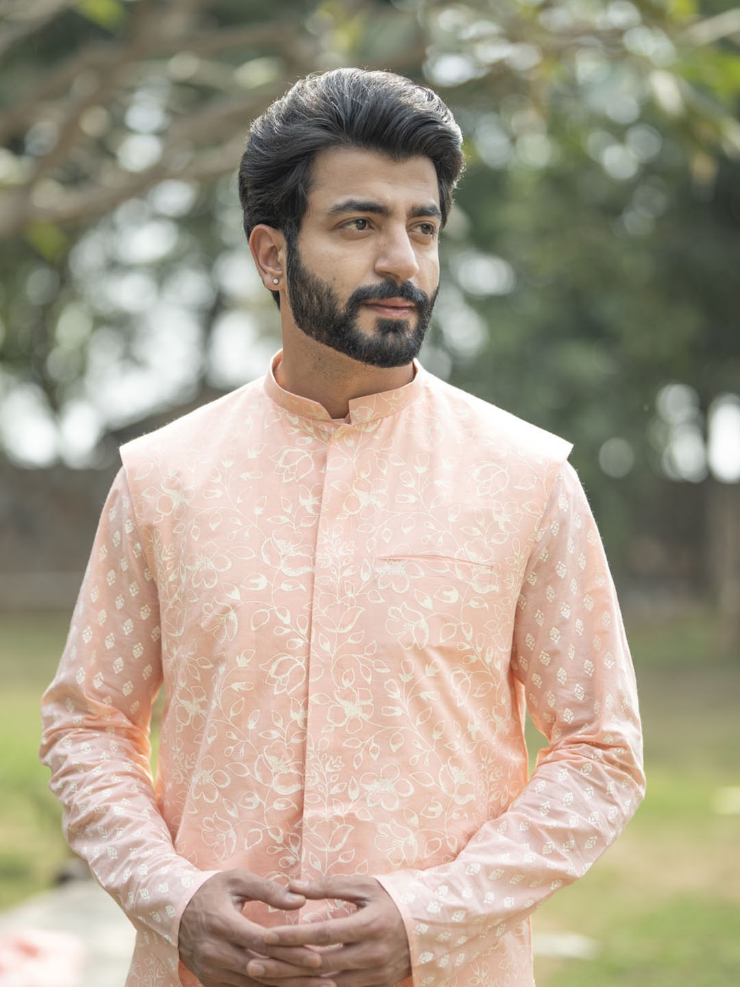 

VASTRAMAY Printed Pure Cotton Nehru Jacket, Peach