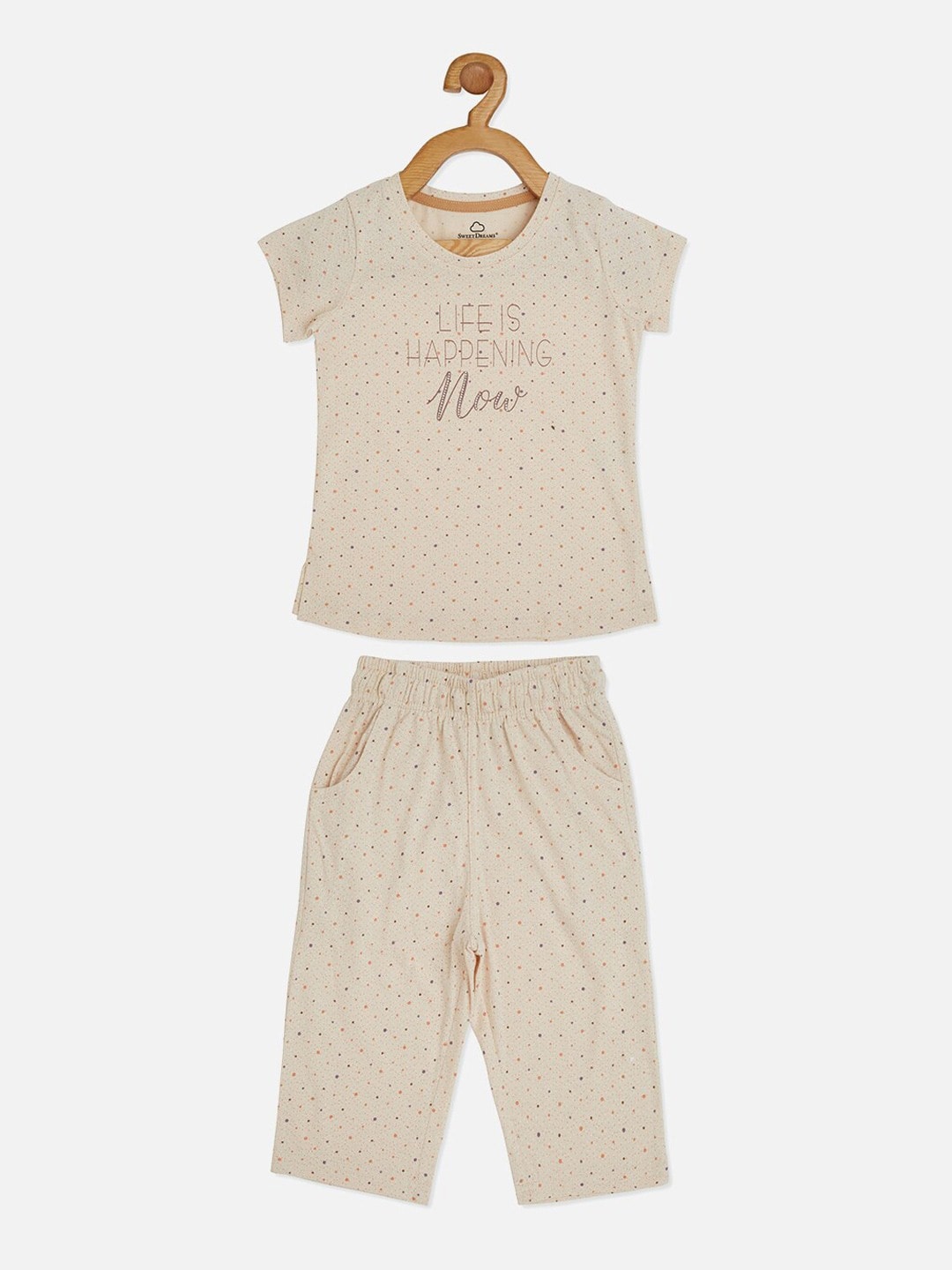 

Sweet Dreams Beige Girls Typography Printed Pure Cotton Night suit