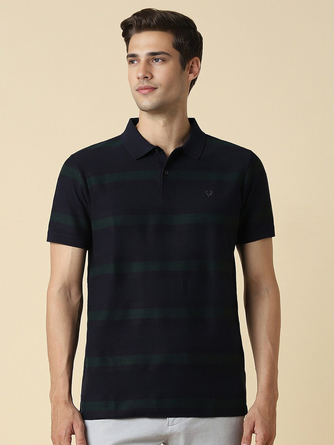 

Allen Solly Striped Polo Collar Pure Cotton T-shirt, Navy blue