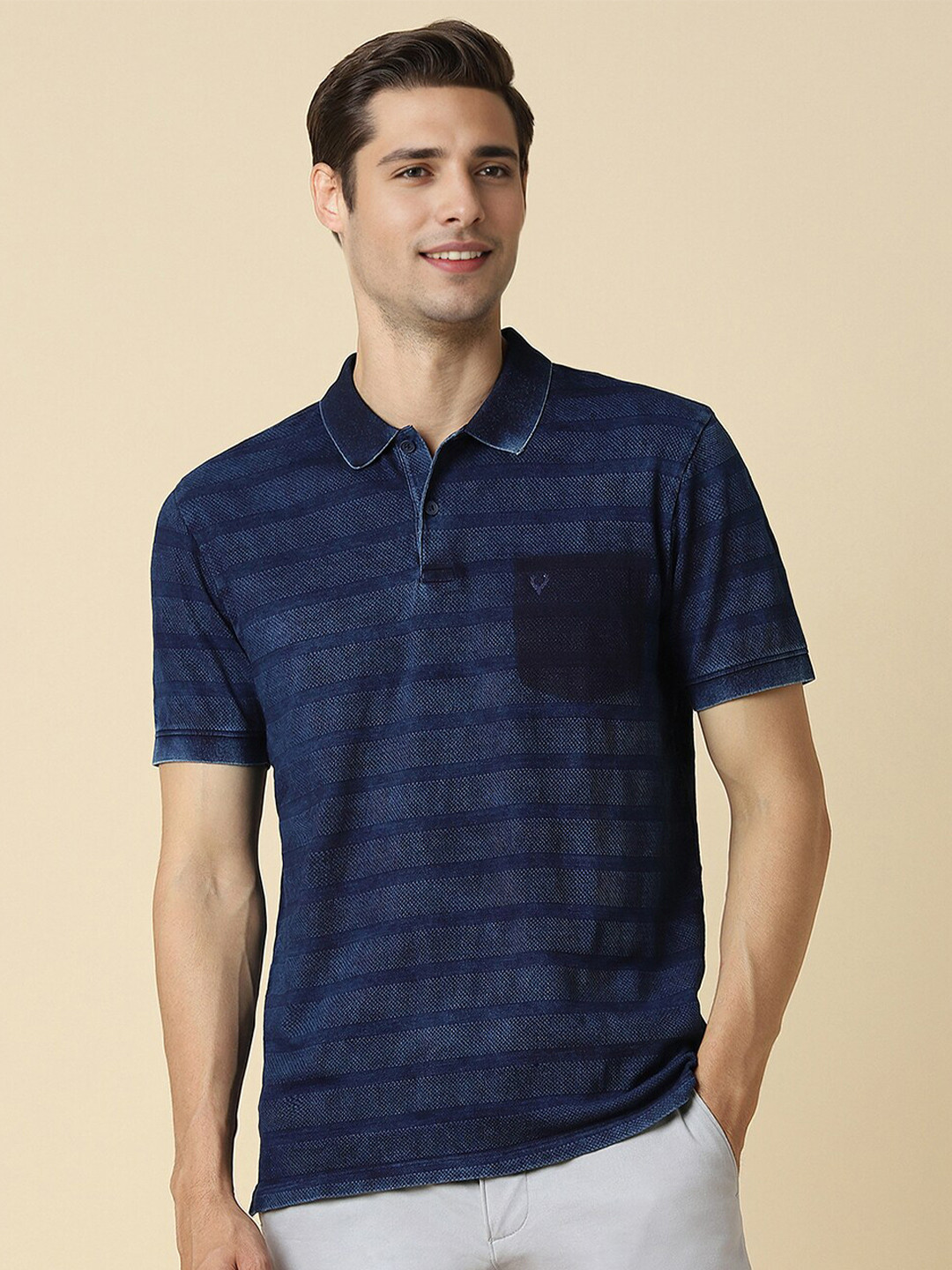 

Allen Solly Striped Polo Collar Pure Cotton T-shirt, Navy blue