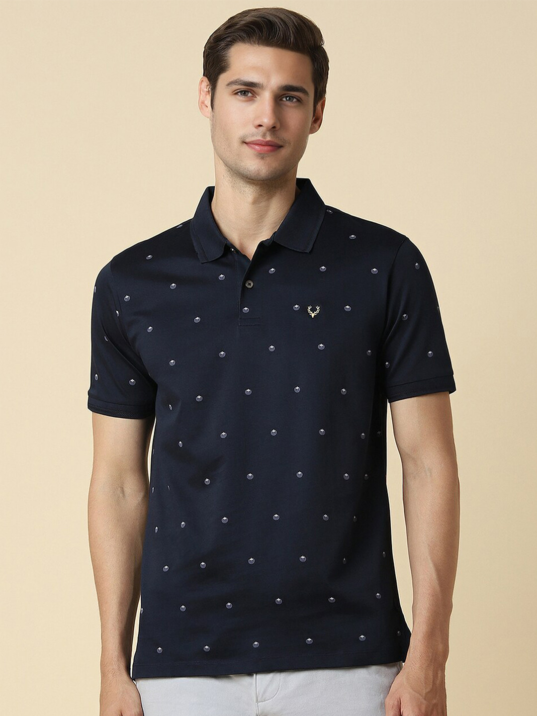 

Allen Solly Conversational Printed Polo Collar Pure Cotton T-shirt, Navy blue