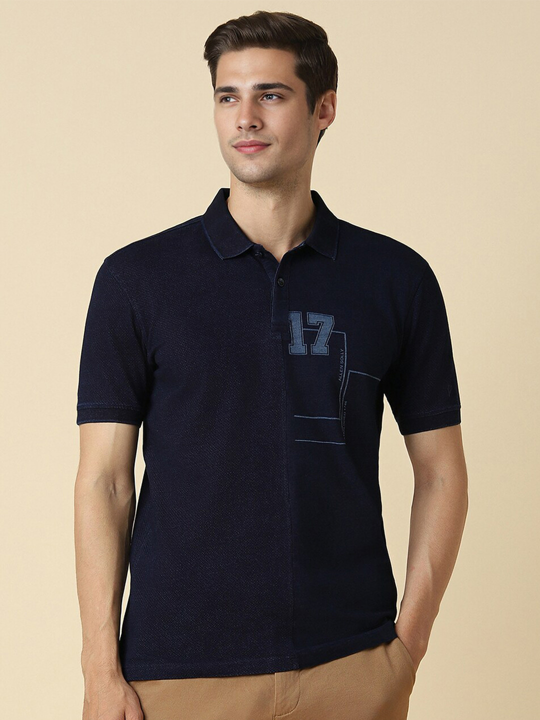 

Allen Solly Varsity Printed Polo Collar Pure Cotton T-shirt, Navy blue