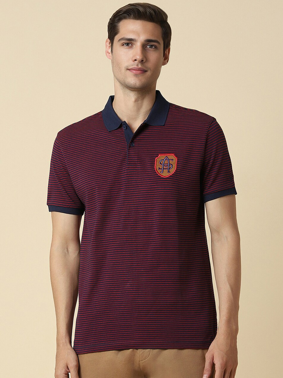 

Allen Solly Striped Polo Collar Pure Cotton T-shirt, Navy blue