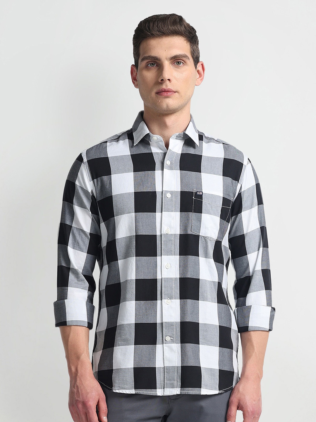 

Arrow Sport Manhattan Slim Fit Gingham Checked Spread Collar Pure Cotton Casual Shirt, Black