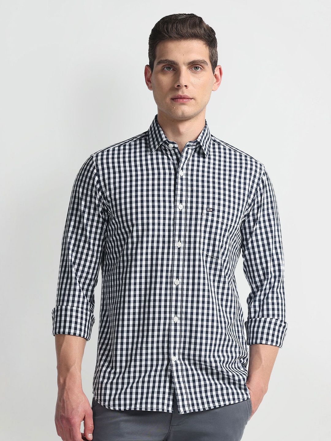 

Arrow Sport Manhattan Slim Fit Gingham Checked Spread Collar Pure Cotton Casual Shirt, Blue