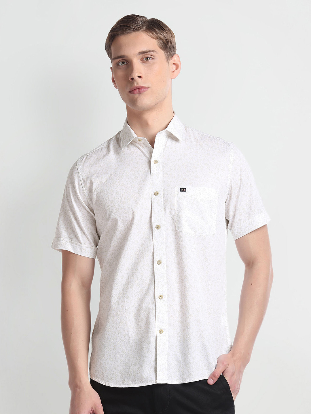 

Arrow Sport Micro Ditsy Printed Pure Cotton Short Sleeves Casual Shirt, Beige