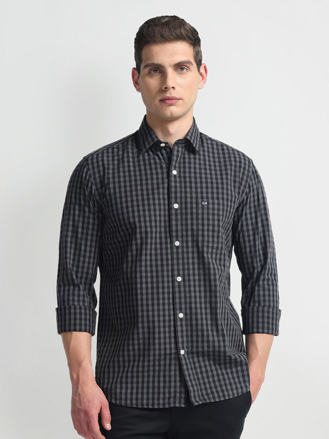

Arrow Sport Slim Fit Gingham Checked Spread Collar Pure Cotton Casual Shirt, Grey