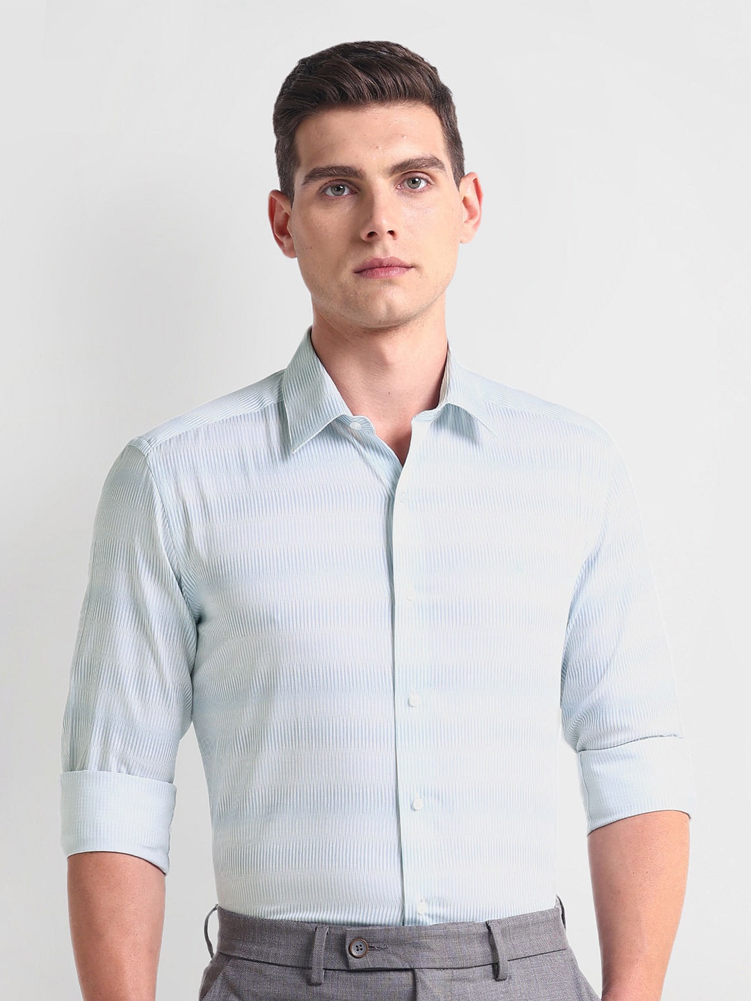 Arrow New York Manhattan Slim Fit Horizontal Striped Twill Weave Cotton Formal Shirt, Blue
