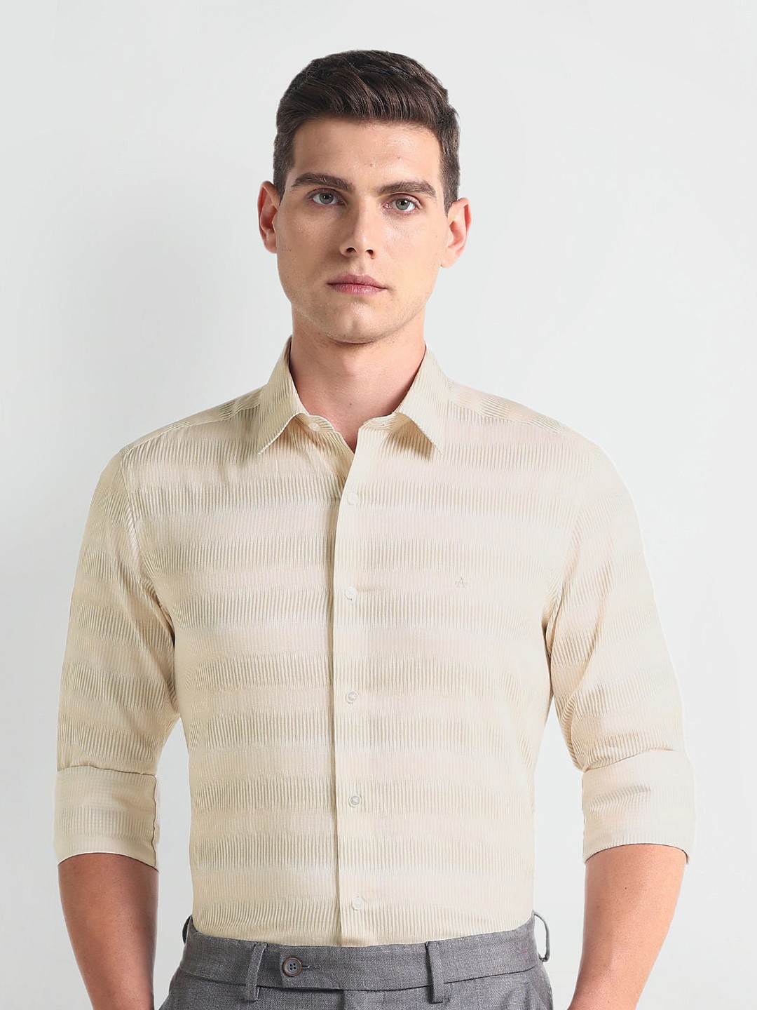 

Arrow New York Manhattan Slim Fit Horizontal Striped Twill Weave Cotton Formal Shirt, Beige