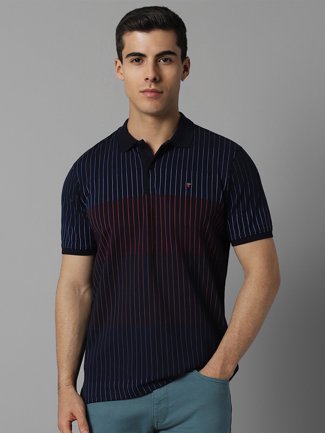 

Louis Philippe Sport Striped Polo Collar Slim Fit Pure Cotton T-shirt, Navy blue