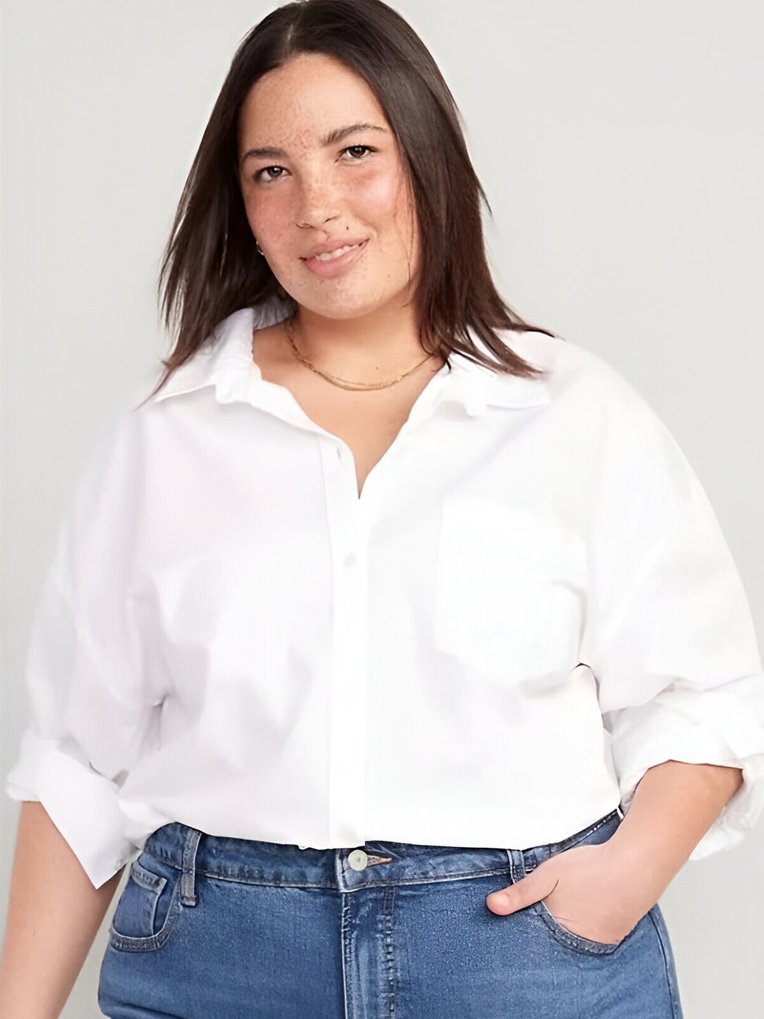 

Fab Star Plus Size Classic Boxy Long Drop Shoulder Sleeves Cotton Casual Shirt, White