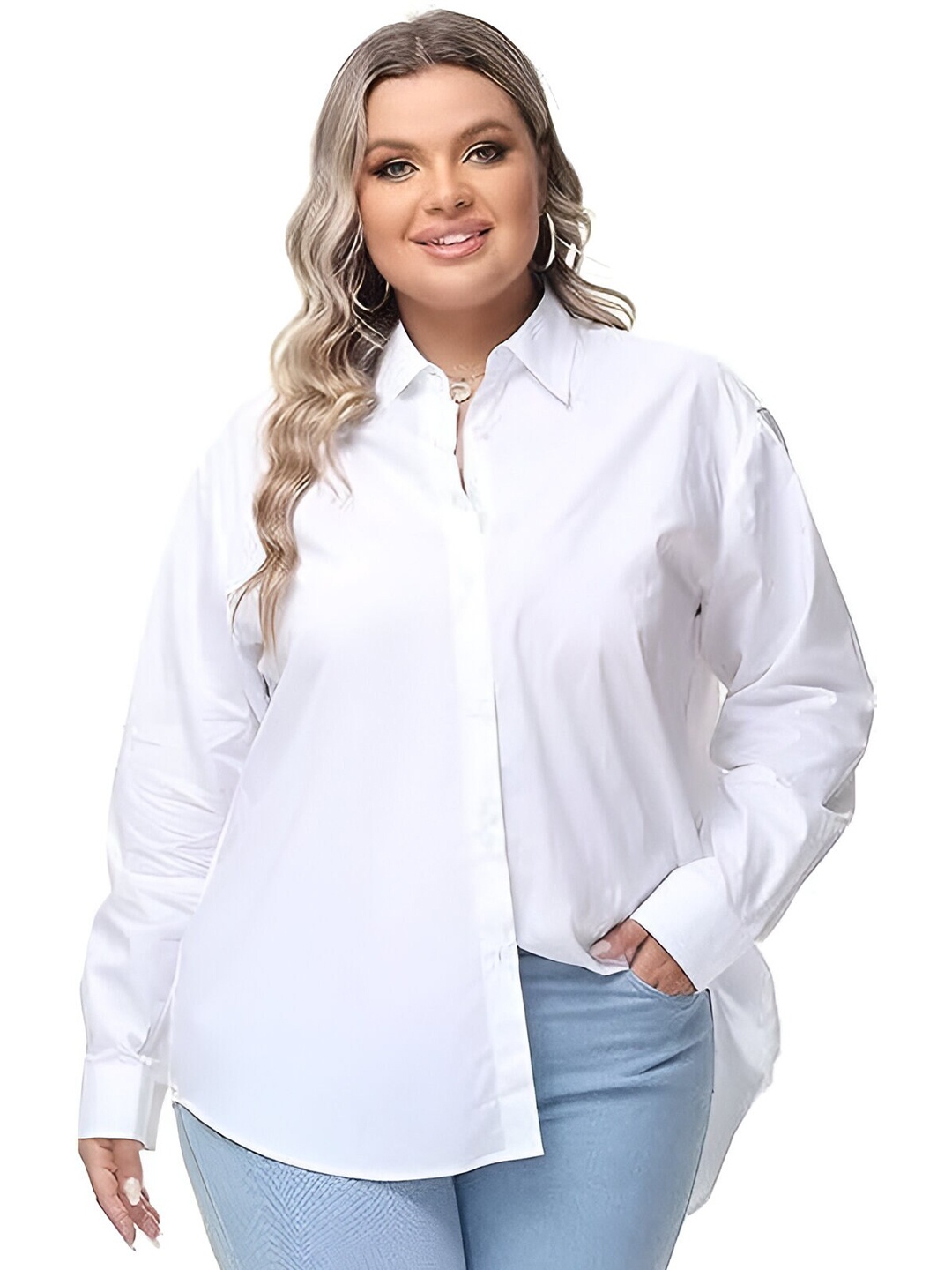 

Fab Star Plus Size Classic Boxy Long Drop Shoulder Sleeves Cotton Casual Shirt, White