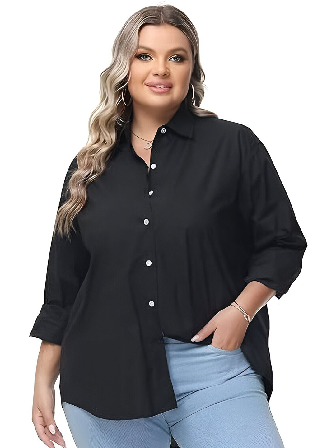 

Fab Star Plus Size Spread Collar Long Sleeves Classic Oversized Cotton Casual Shirt, Black