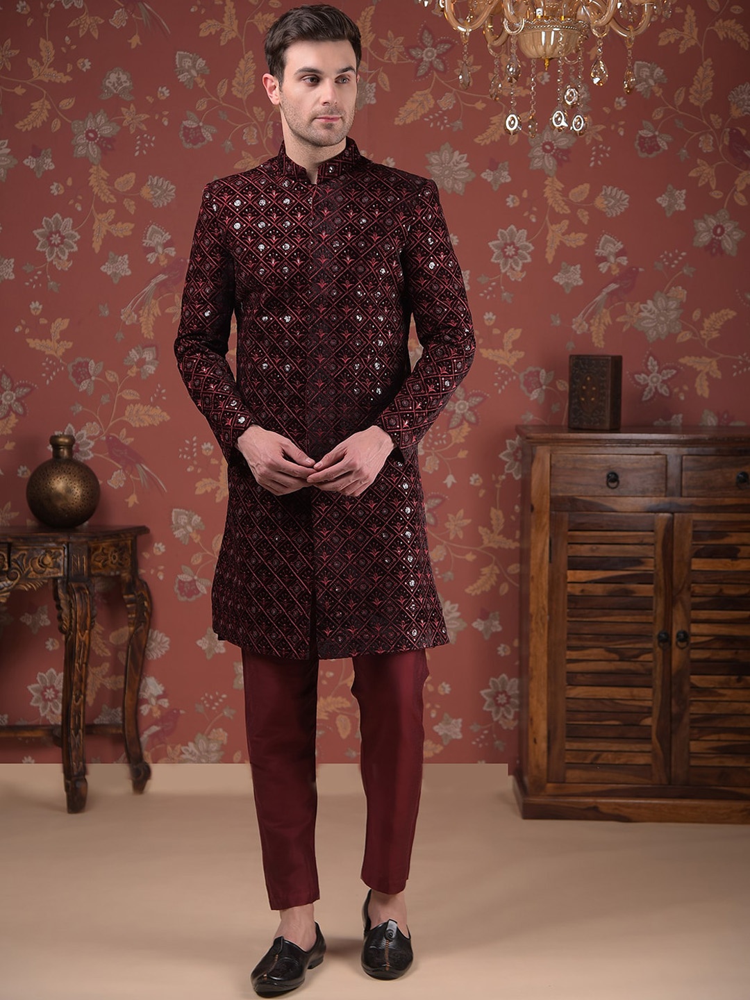 

House of Pataudi Embroidered Mandarin Collar Sherwani Set, Maroon