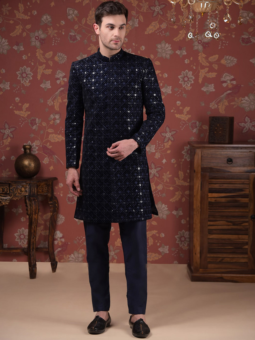 

House of Pataudi Embroidered Mandarin Collar Sherwani Set, Navy blue