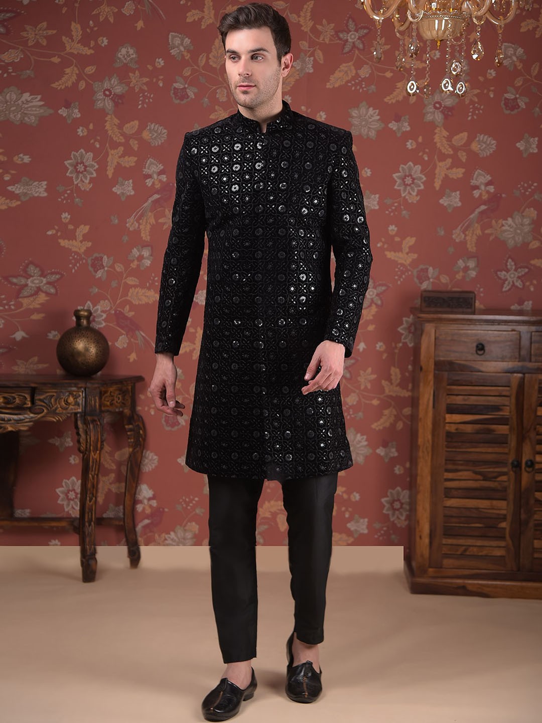 

House of Pataudi Embroidered Mandarin Collar Sherwani Set, Black
