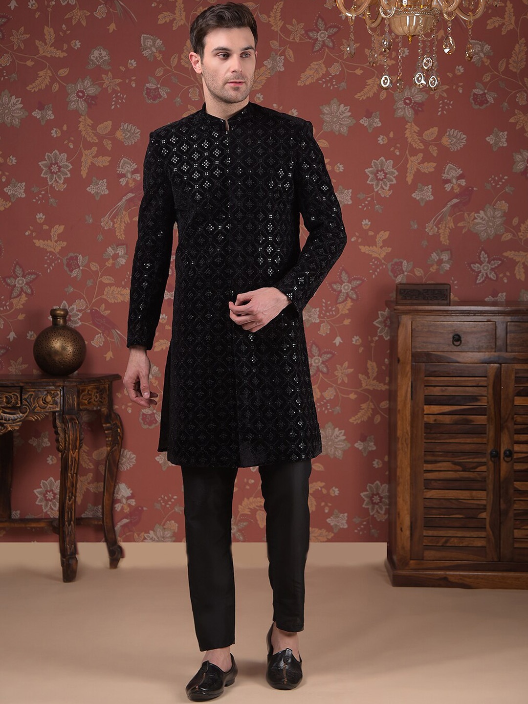 

House of Pataudi Embroidered Sherwani Set, Black