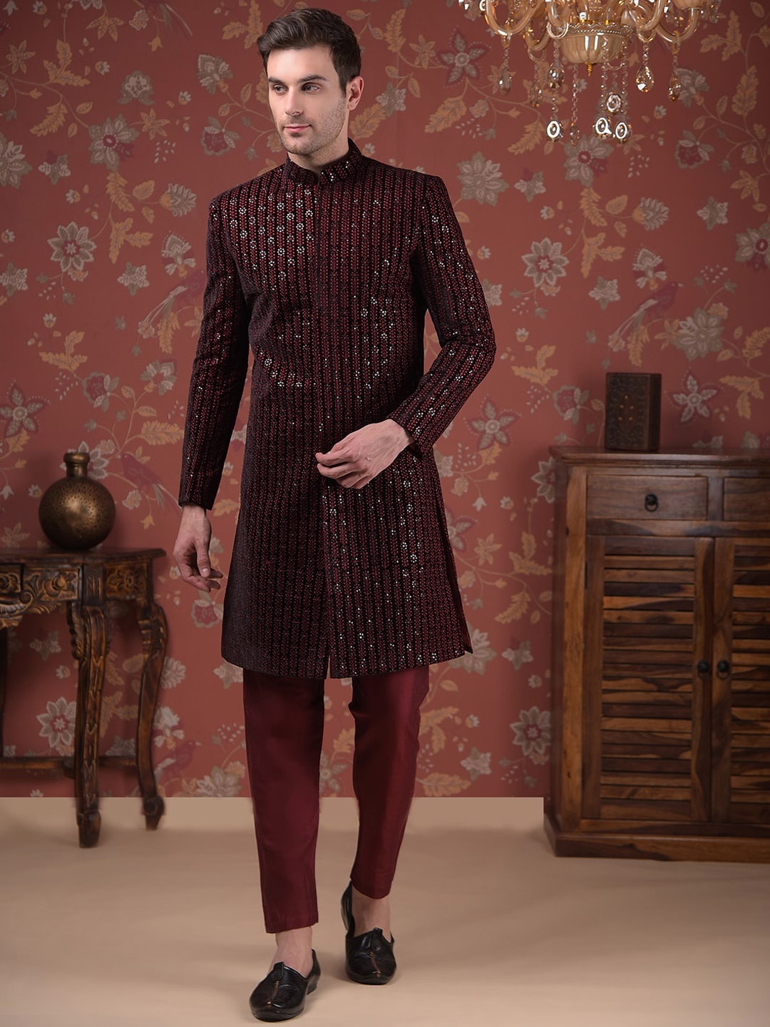 

House of Pataudi Embroidered Silk Mandarin Collar Sherwani Set, Maroon