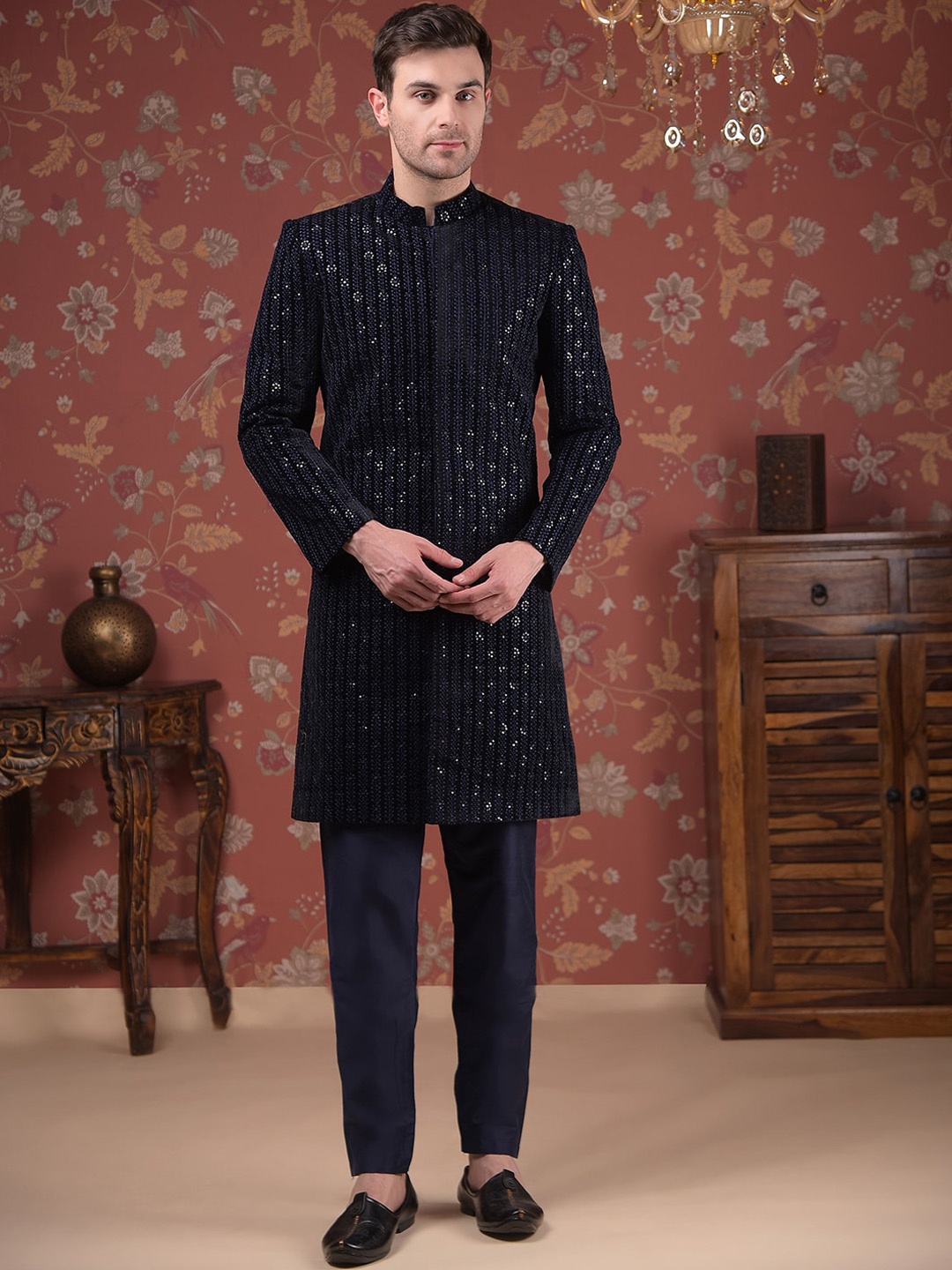 

House of Pataudi Embroidered Silk Mandarin Collar Sherwani Set, Navy blue