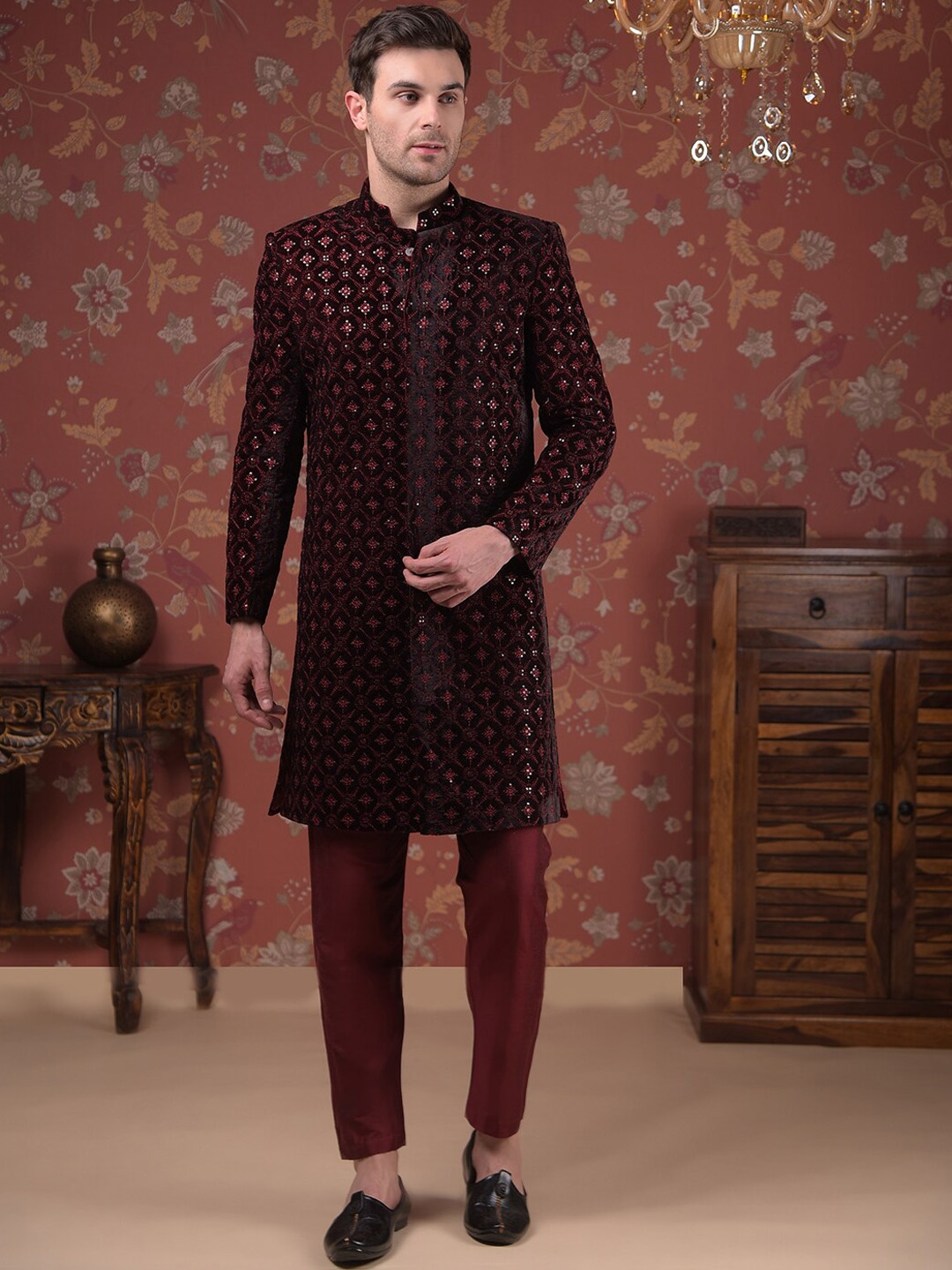 

House of Pataudi Embroidered Silk Mandarin Collar Sherwani Set, Maroon