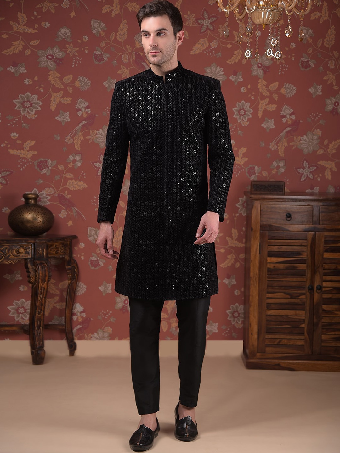 

House of Pataudi Embroidered Silk Mandarin Collar Sherwani Set, Black