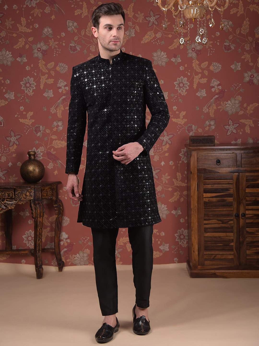 

House of Pataudi Embroidered Sherwani Set, Black