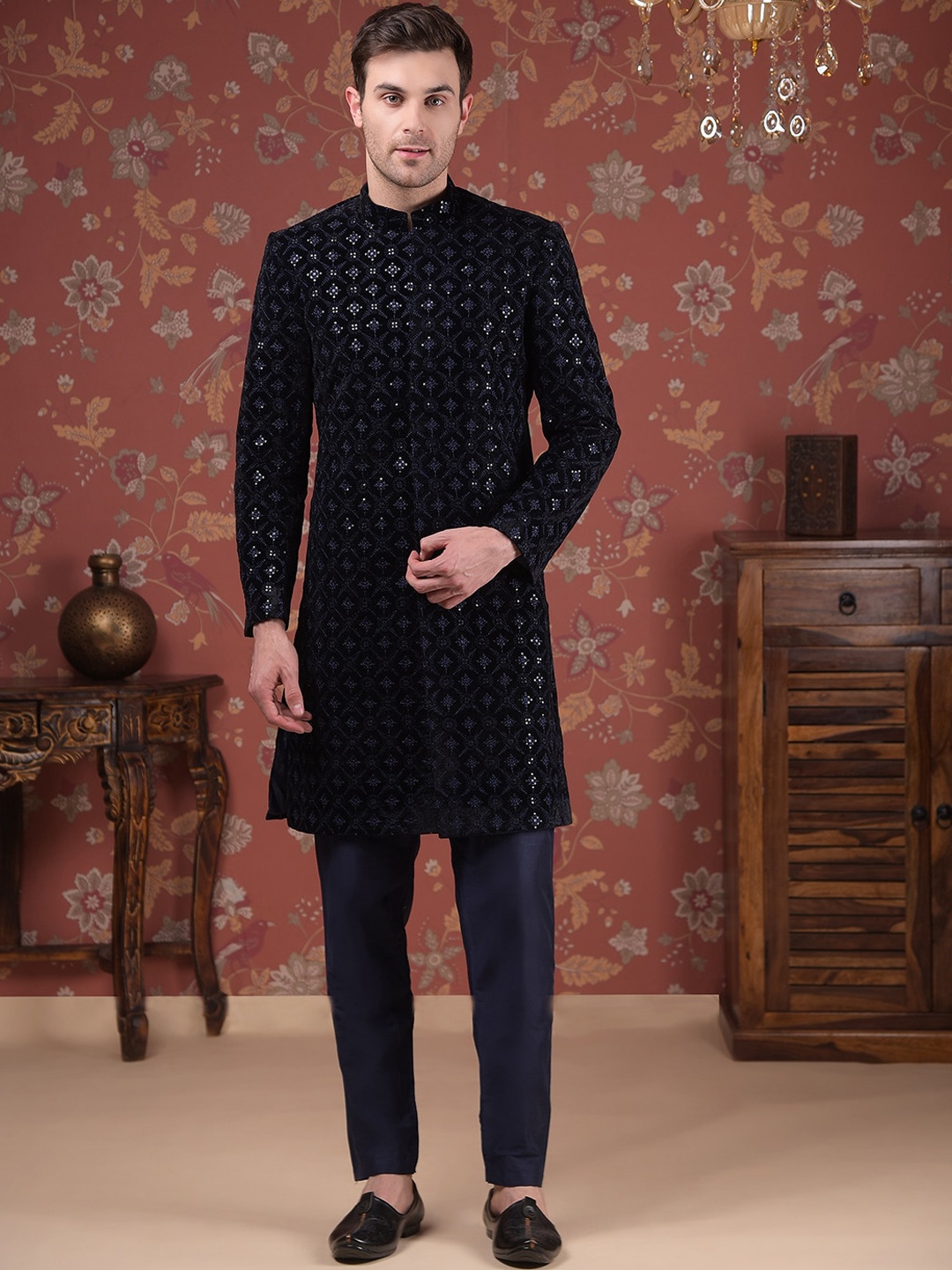 

House of Pataudi Embroidered Silk Mandarin Collar Sherwani Set, Navy blue