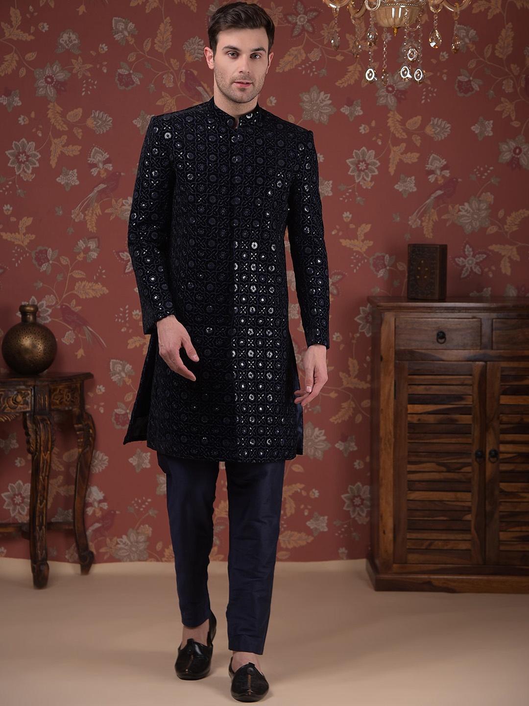 

House of Pataudi Embroidered Silk Mandarin Collar Sherwani Set, Navy blue