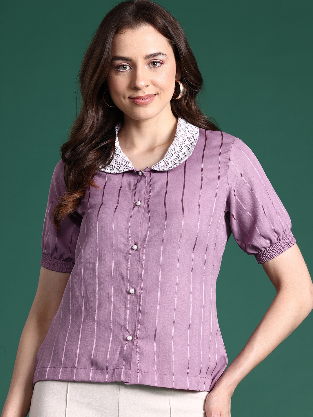 

DressBerry Women Striped Puff Sleeves Casual Shirt, Mauve