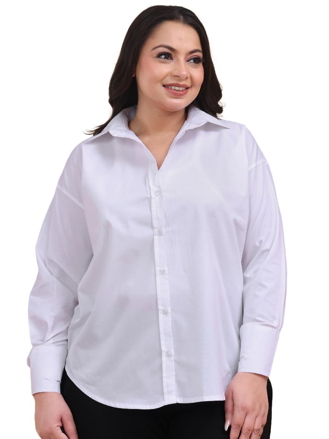 

Fab Star Plus Size Classic Boxy Long Drop Shoulder Sleeves Cotton Casual Shirt, White