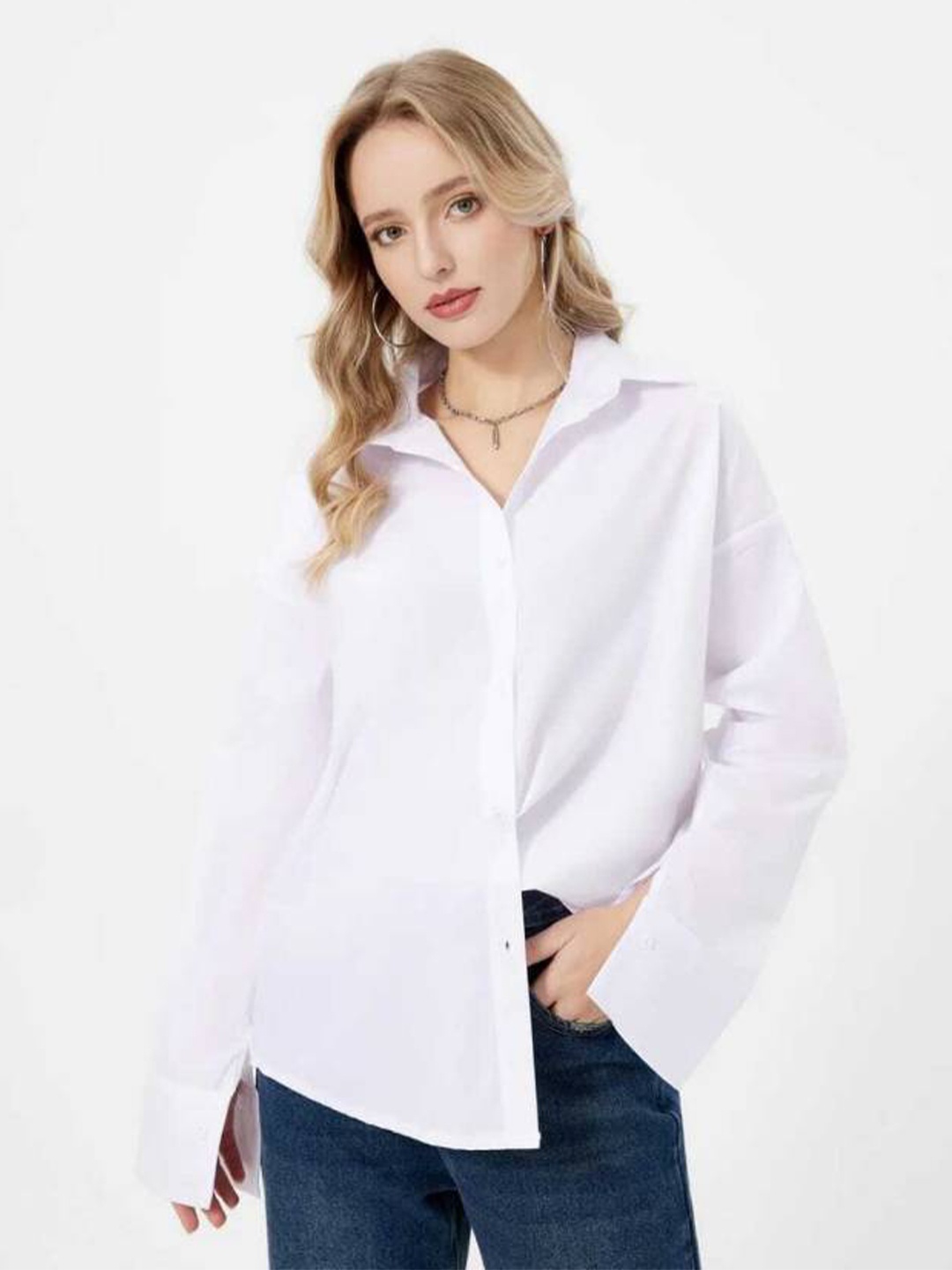 

Fab Star Classic Oversized Long Drop Shoulder Sleeves Pure Cotton Casual Shirt, White